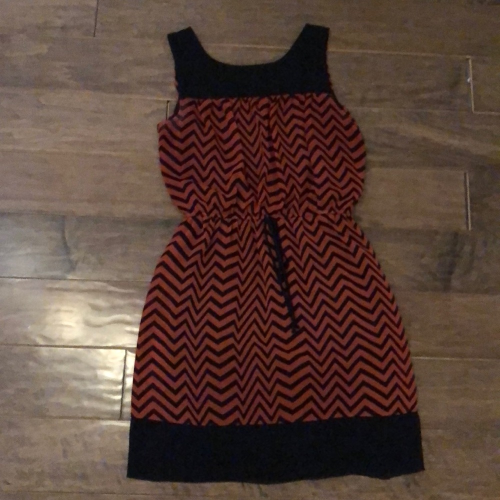 Navy and burnt orange chevron print dress